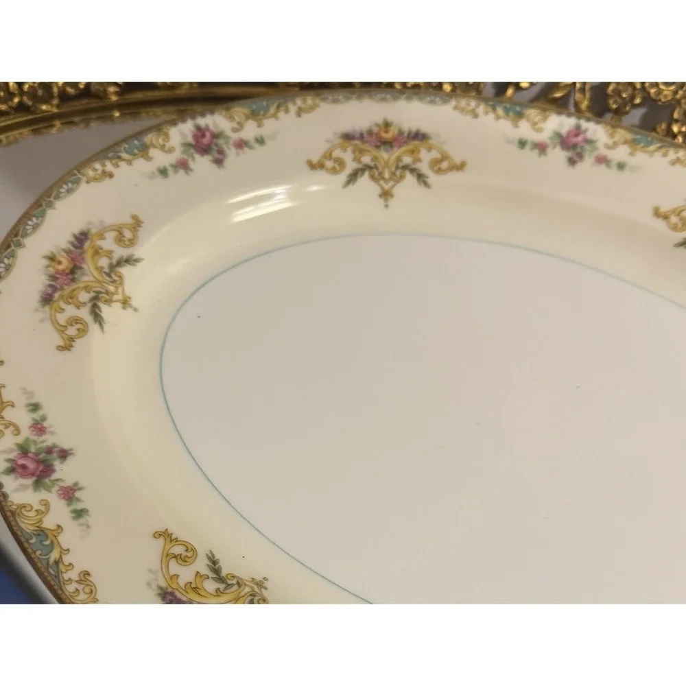 1933 Vintage Noritake Gloria 13 1/2 in Oval Sewrving Platter Green Yellow Floral